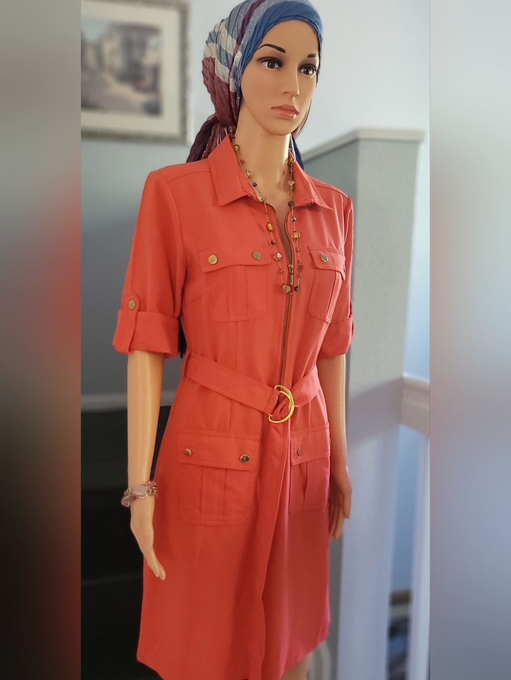 Sharagano Coral Zip-Front Utility Midi Dress, Size 6